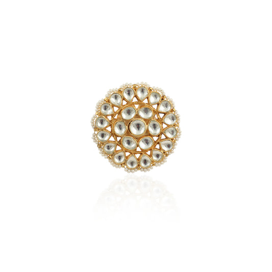 Traditional Ring In Floral Design With White Studded Jadtar Stones