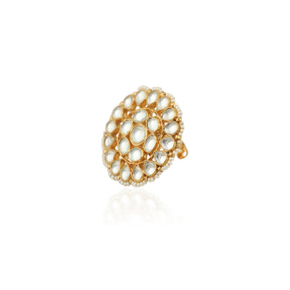 Traditional Ring In Floral Design With White Studded Jadtar Stones