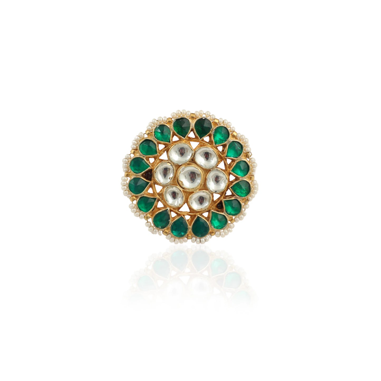 Traditional Ring In Floral Design With Green And White Studded Jadtar Stones