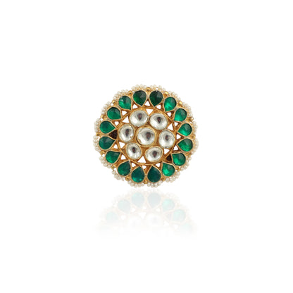 Traditional Ring In Floral Design With Green And White Studded Jadtar Stones
