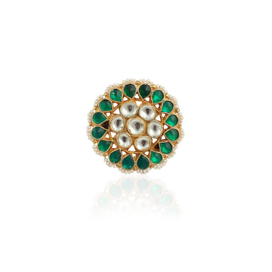 Traditional Ring In Floral Design With Green And White Studded Jadtar Stones