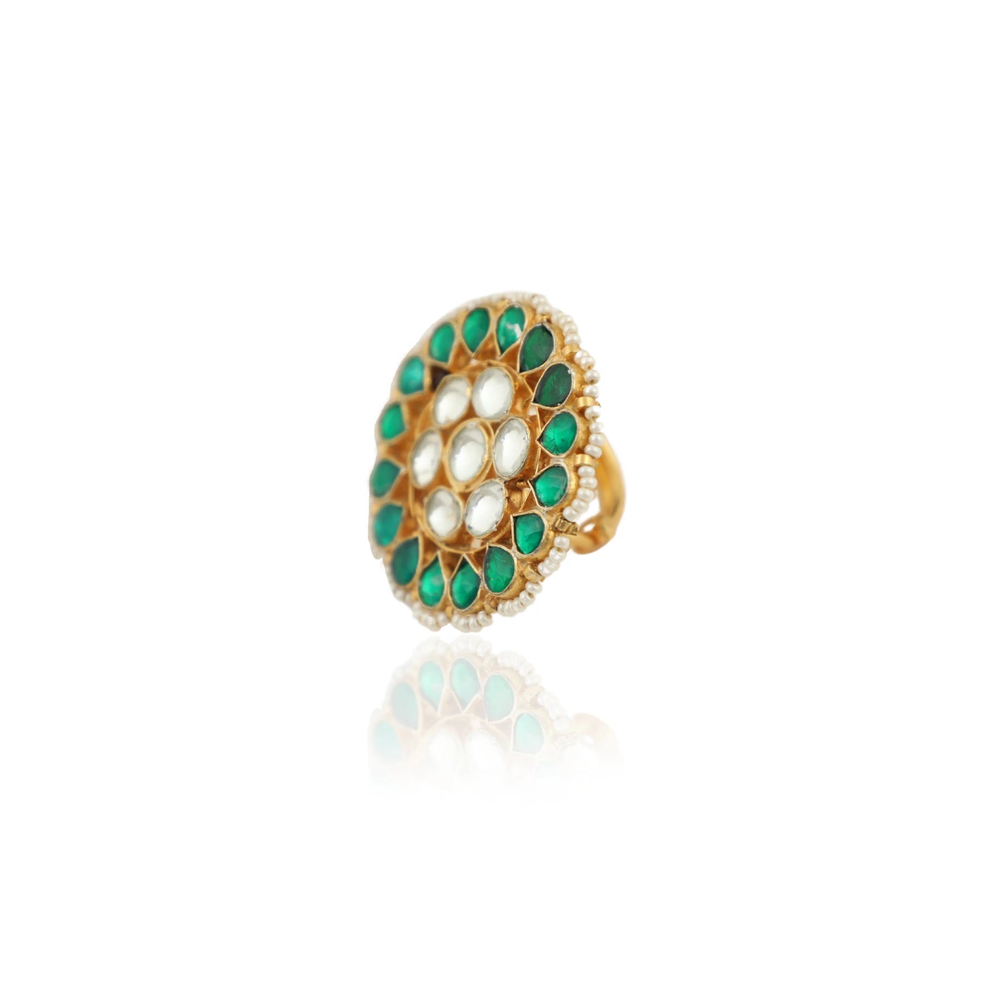 Traditional Ring In Floral Design With Green And White Studded Jadtar Stones