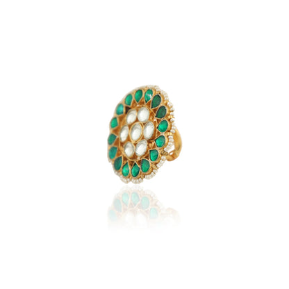 Traditional Ring In Floral Design With Green And White Studded Jadtar Stones