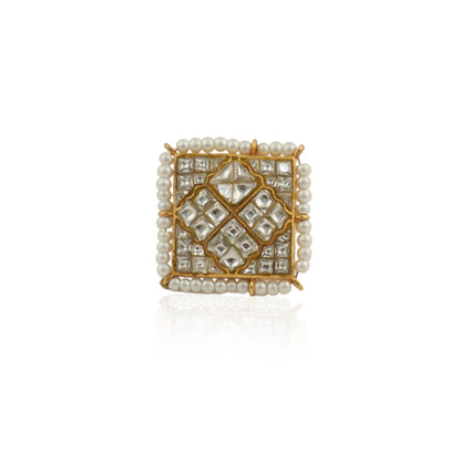Heritage Wedding Wear Ring In Square With Jadau Stones And Pearls