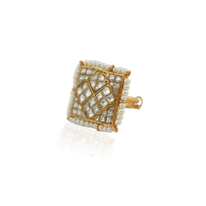 Heritage Wedding Wear Ring In Square With Jadau Stones And Pearls