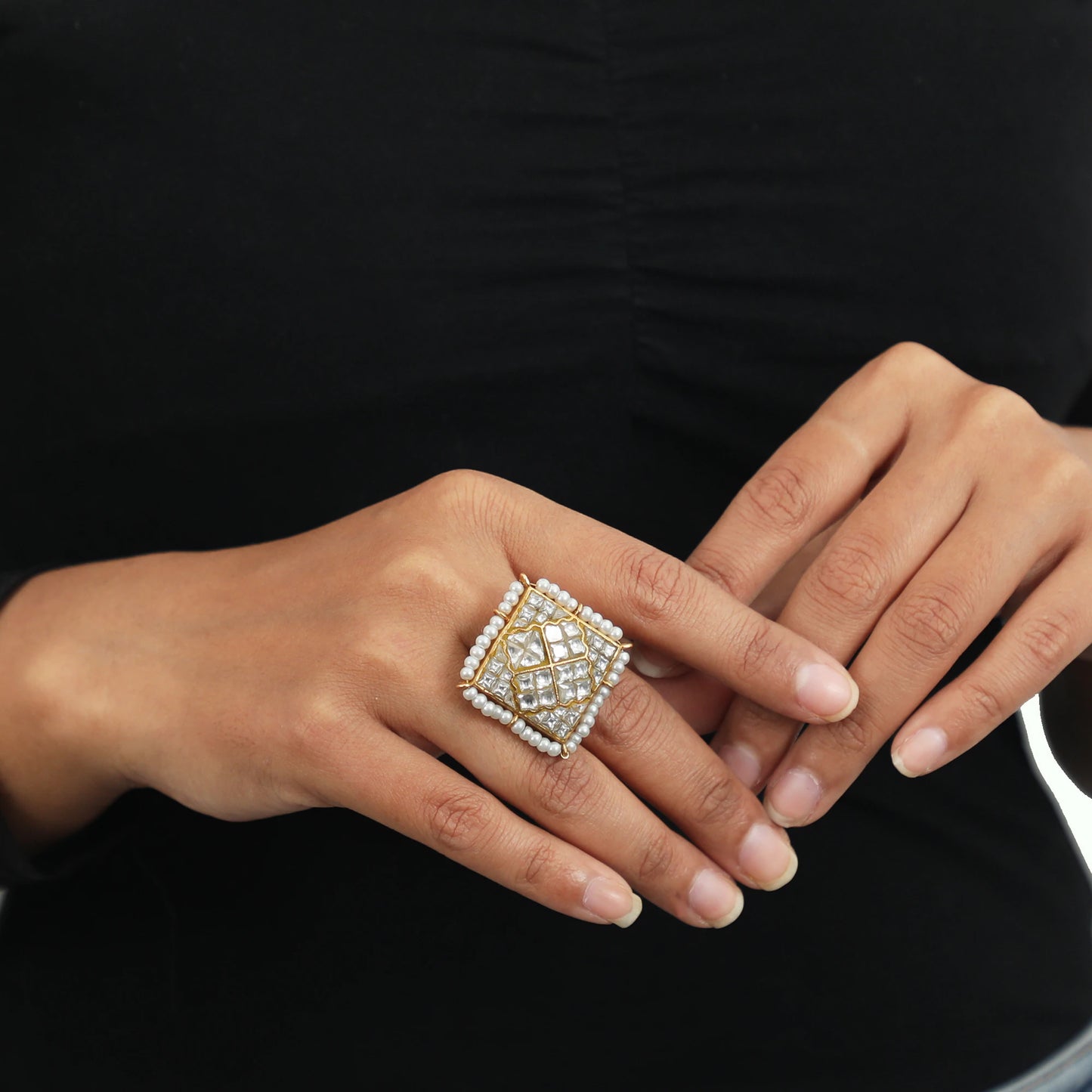 Heritage Wedding Wear Ring In Square With Jadau Stones And Pearls