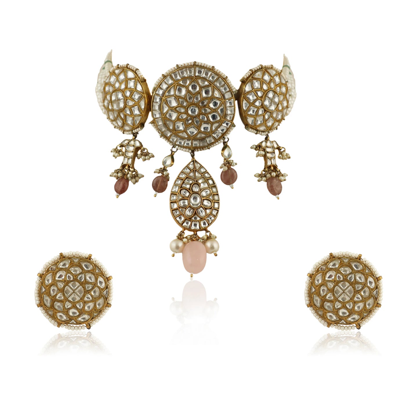 Choker Set Studded With Jadtar Stones Beadded With Pearl And Pastel Pink Beads