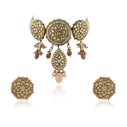 Choker Set Studded With Jadtar Stones Beadded With Pearl And Pastel Pink Beads