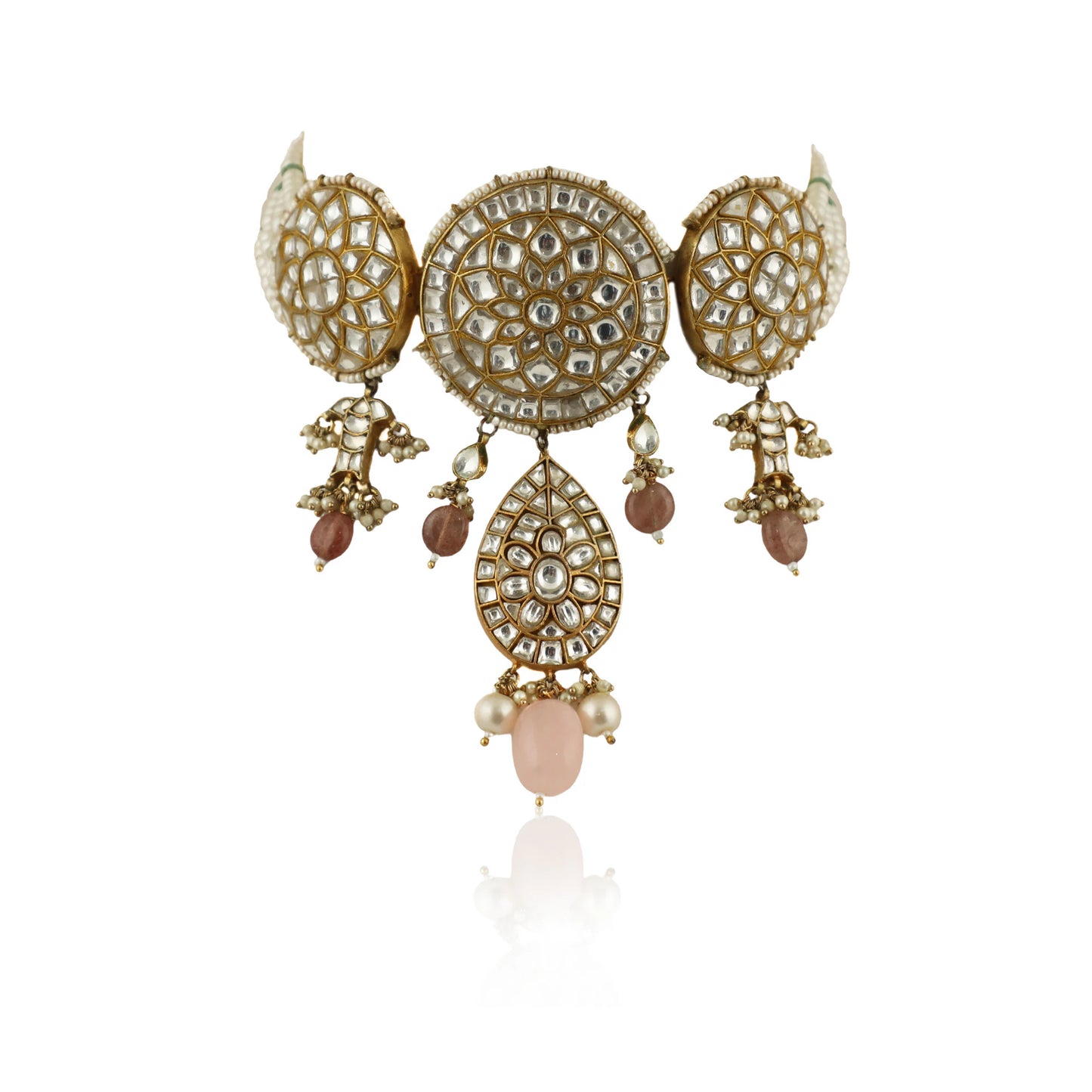 Choker Set Studded With Jadtar Stones Beadded With Pearl And Pastel Pink Beads