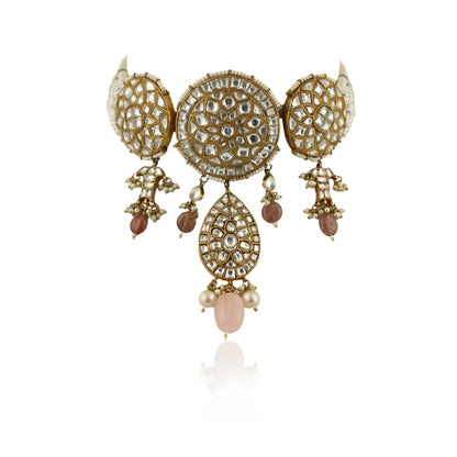 Choker Set Studded With Jadtar Stones Beadded With Pearl And Pastel Pink Beads