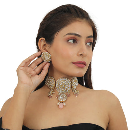 Choker Set Studded With Jadtar Stones Beadded With Pearl And Pastel Pink Beads