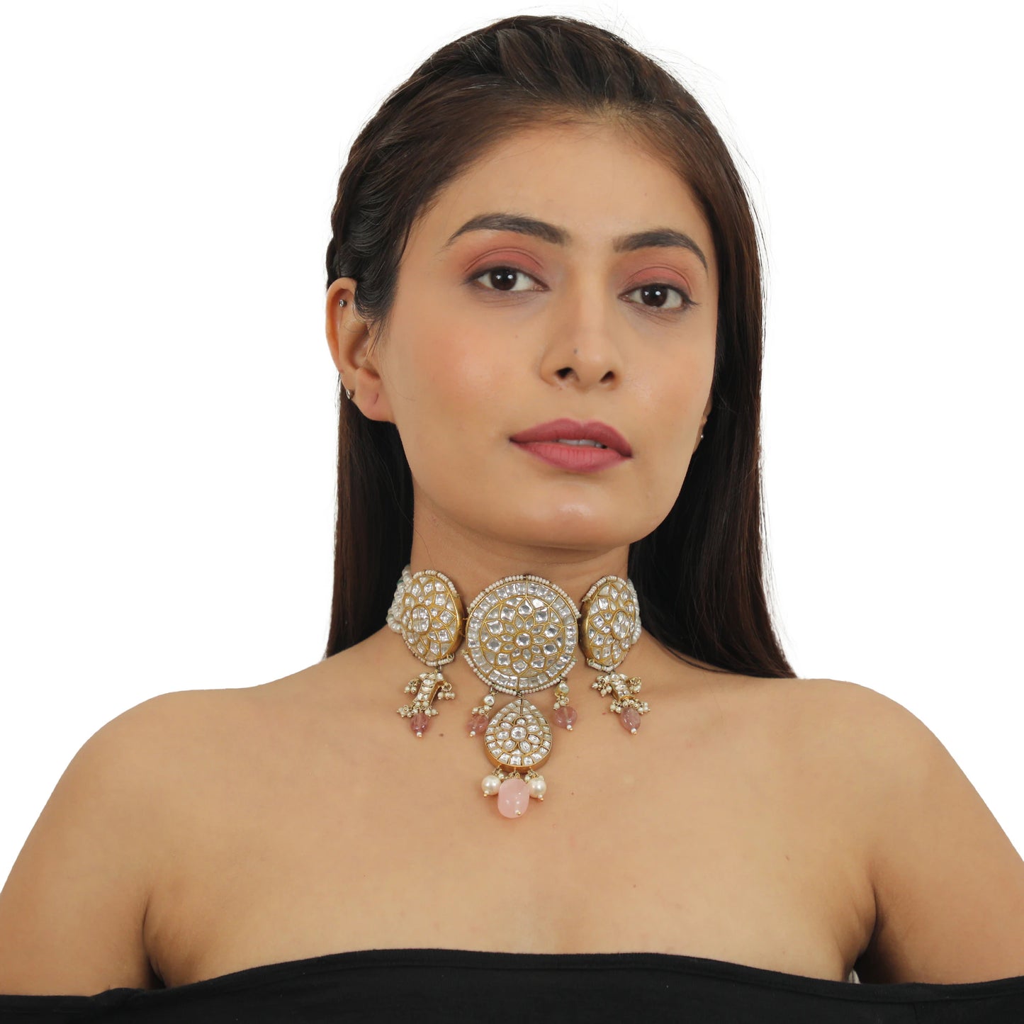 Choker Set Studded With Jadtar Stones Beadded With Pearl And Pastel Pink Beads