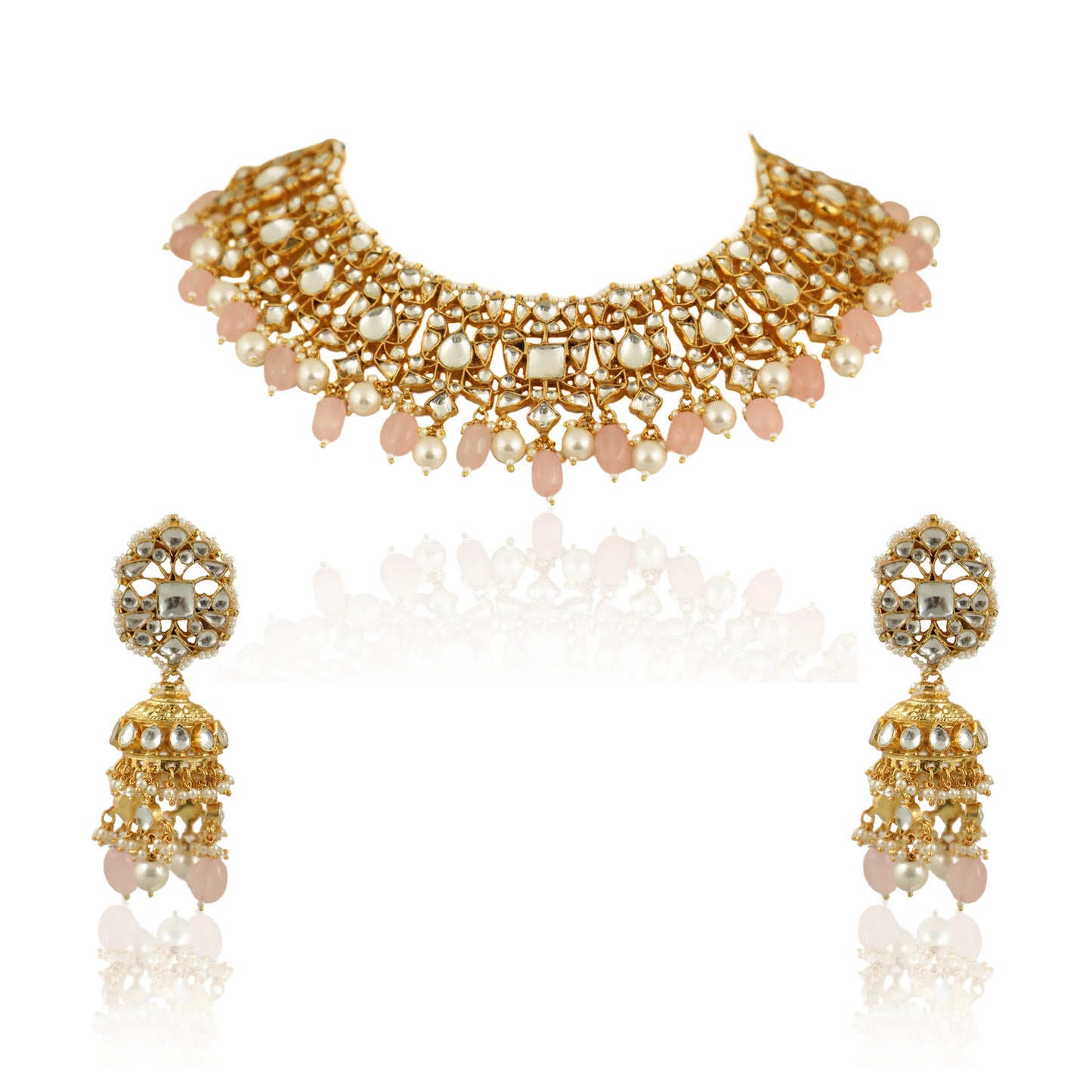 White Necklace Set With Light Pink Beads