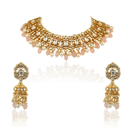 White Necklace Set With Light Pink Beads