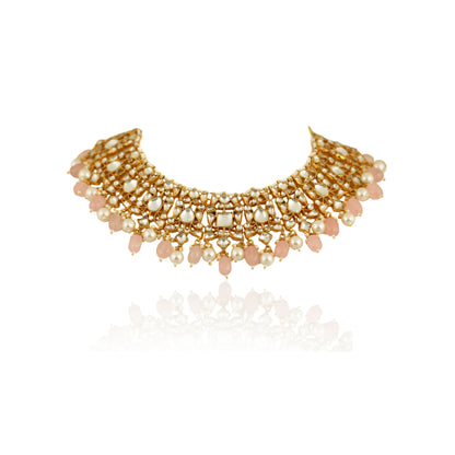 White Necklace Set With Light Pink Beads