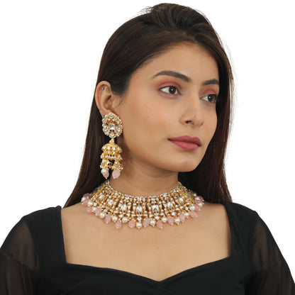 White Necklace Set With Light Pink Beads