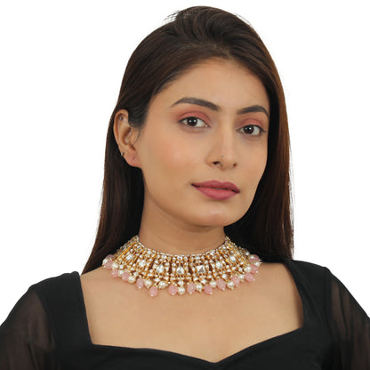 White Necklace Set With Light Pink Beads
