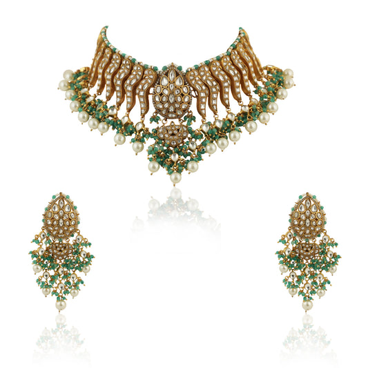 Festive Necklace Set In 22Kt Gold Plating, Carved Uniquely With Sea Green Beads And Pearls