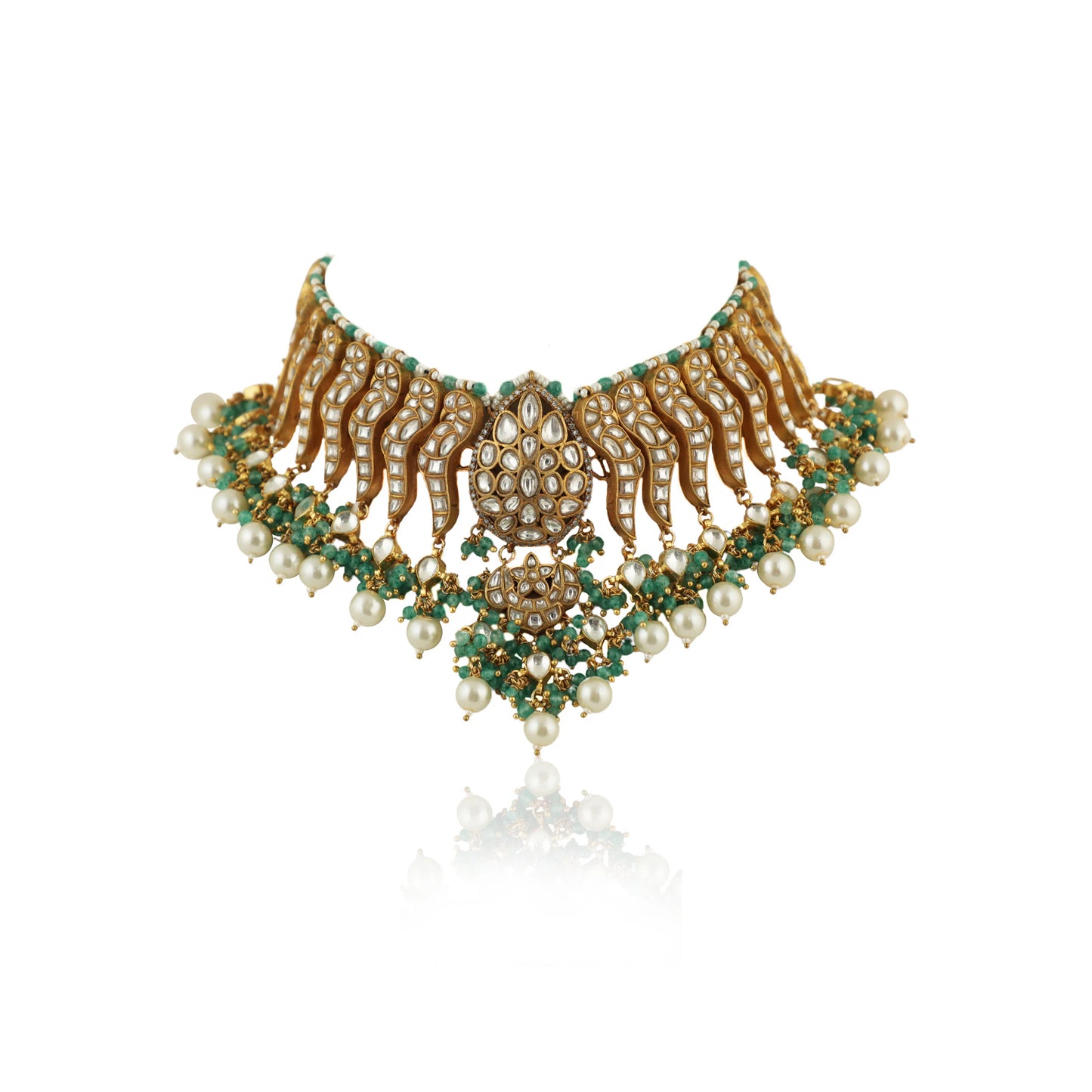 Festive Necklace Set In 22Kt Gold Plating, Carved Uniquely With Sea Green Beads And Pearls