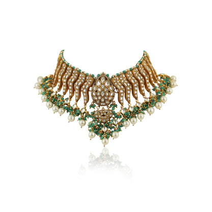 Festive Necklace Set In 22Kt Gold Plating, Carved Uniquely With Sea Green Beads And Pearls
