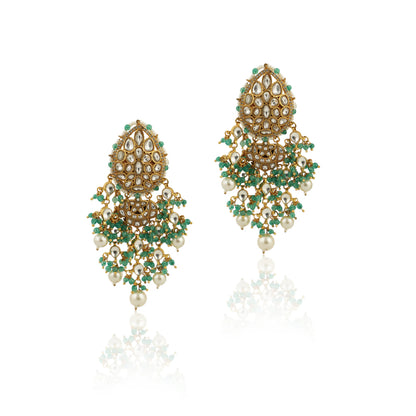Festive Necklace Set In 22Kt Gold Plating, Carved Uniquely With Sea Green Beads And Pearls