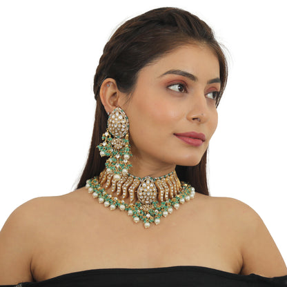 Festive Necklace Set In 22Kt Gold Plating, Carved Uniquely With Sea Green Beads And Pearls