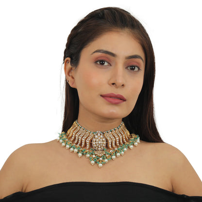 Festive Necklace Set In 22Kt Gold Plating, Carved Uniquely With Sea Green Beads And Pearls
