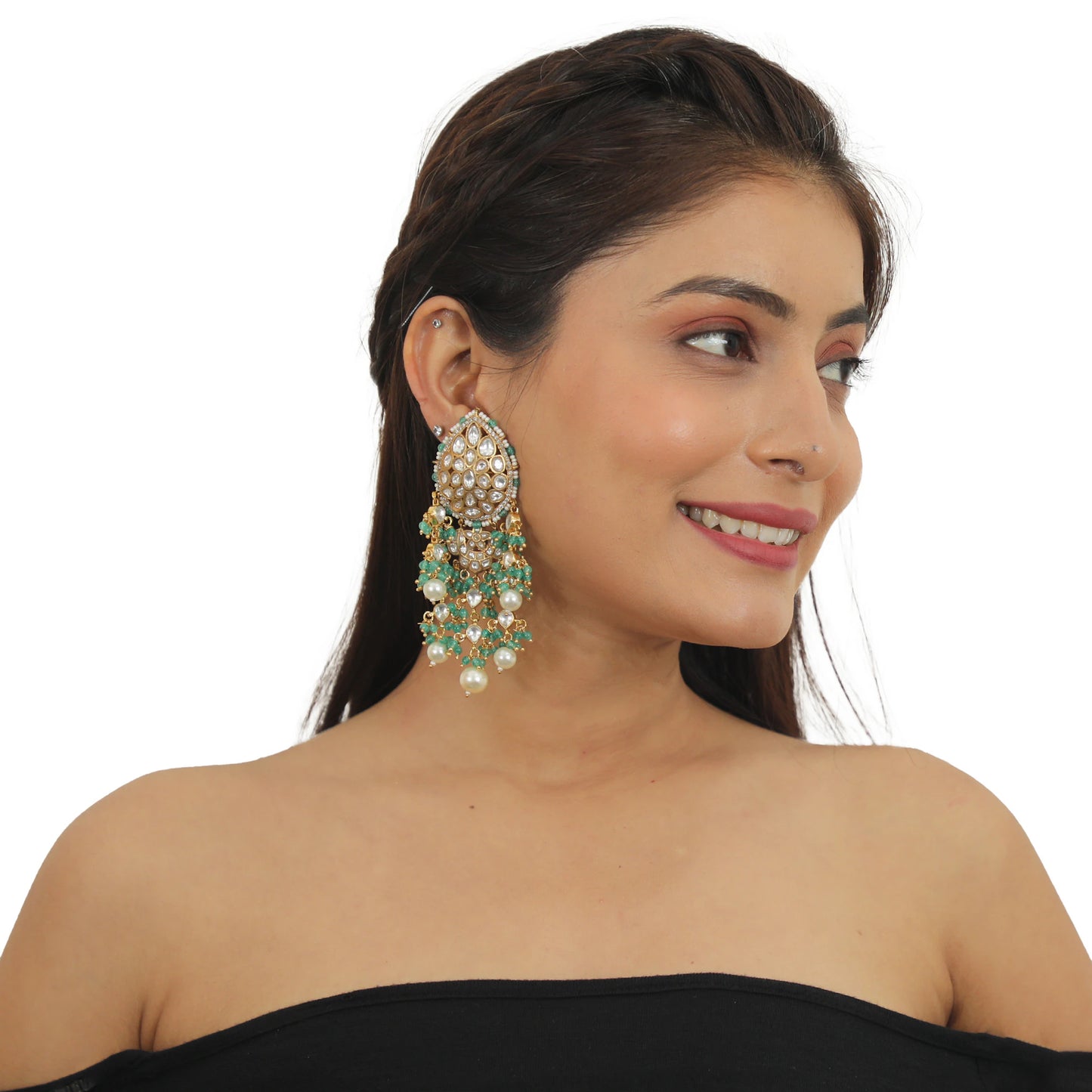 Festive Necklace Set In 22Kt Gold Plating, Carved Uniquely With Sea Green Beads And Pearls