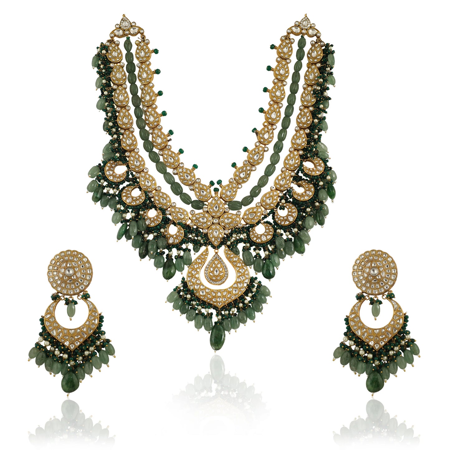 Bridal Double Layered Necklace In 22Kt Gold Plating, Studded With White Jadtar Stones And Beaded In Emerald And Sea Green Pearls