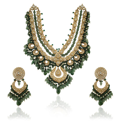 Bridal Double Layered Necklace In 22Kt Gold Plating, Studded With White Jadtar Stones And Beaded In Emerald And Sea Green Pearls