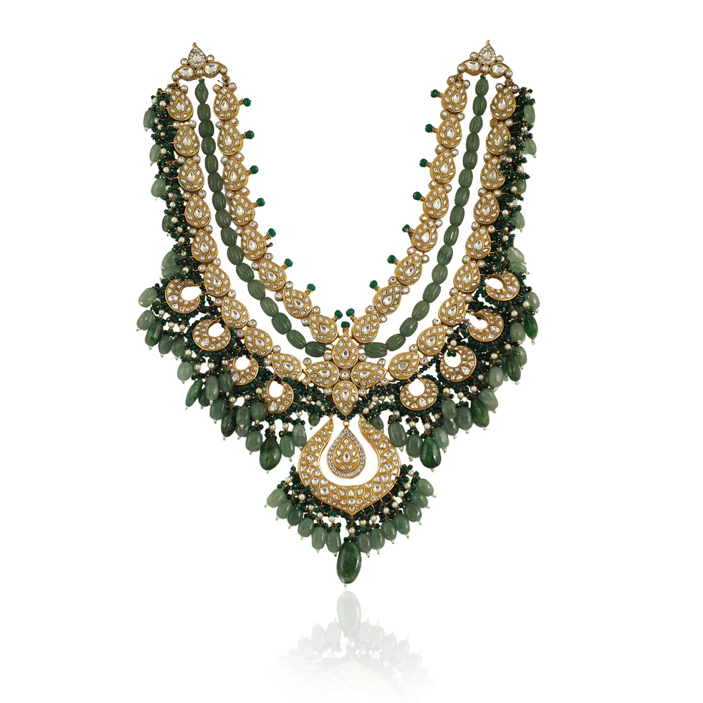 Bridal Double Layered Necklace In 22Kt Gold Plating, Studded With White Jadtar Stones And Beaded In Emerald And Sea Green Pearls