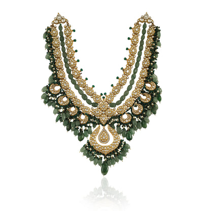Bridal Double Layered Necklace In 22Kt Gold Plating, Studded With White Jadtar Stones And Beaded In Emerald And Sea Green Pearls