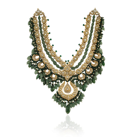 Bridal Double Layered Necklace In 22Kt Gold Plating, Studded With White Jadtar Stones And Beaded In Emerald And Sea Green Pearls