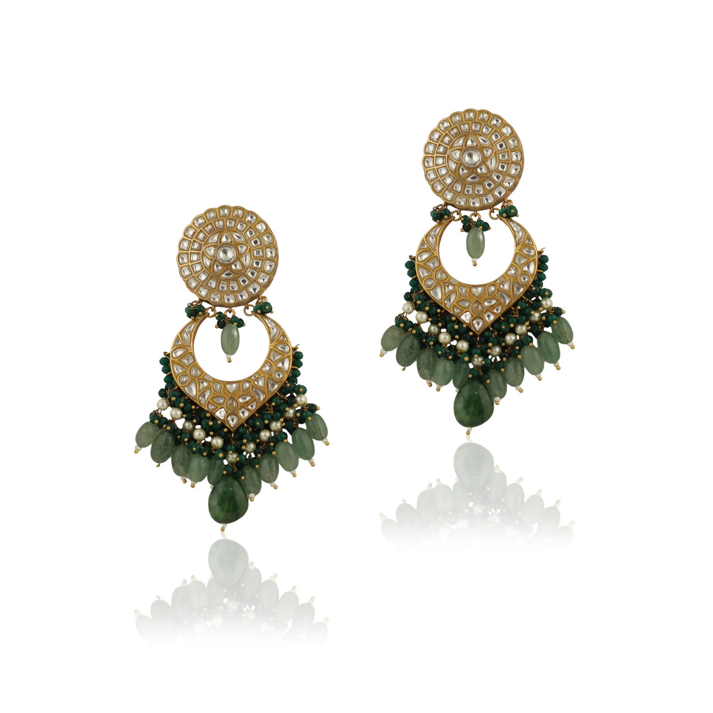 Bridal Double Layered Necklace In 22Kt Gold Plating, Studded With White Jadtar Stones And Beaded In Emerald And Sea Green Pearls