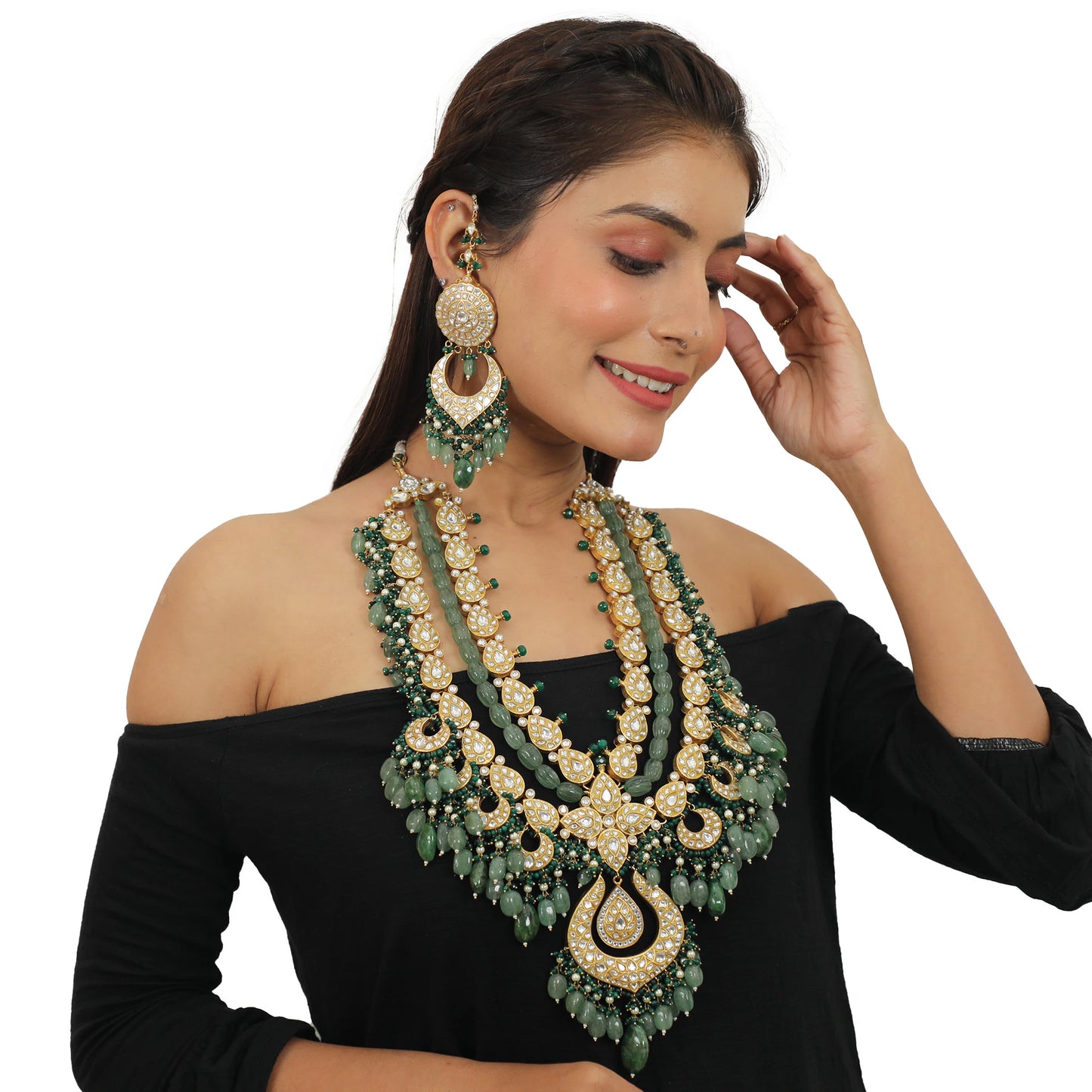 Bridal Double Layered Necklace In 22Kt Gold Plating, Studded With White Jadtar Stones And Beaded In Emerald And Sea Green Pearls