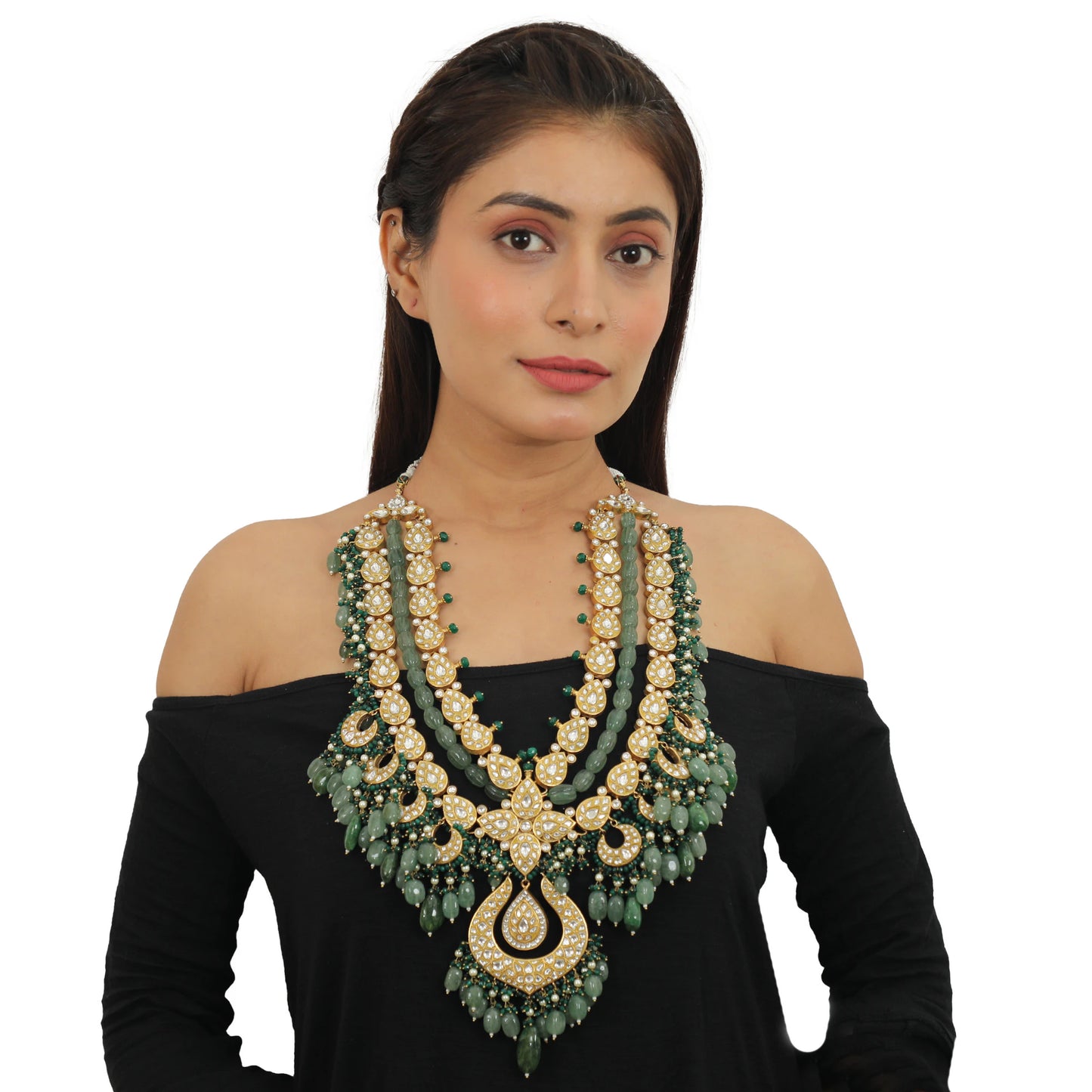Bridal Double Layered Necklace In 22Kt Gold Plating, Studded With White Jadtar Stones And Beaded In Emerald And Sea Green Pearls