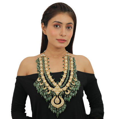 Bridal Double Layered Necklace In 22Kt Gold Plating, Studded With White Jadtar Stones And Beaded In Emerald And Sea Green Pearls