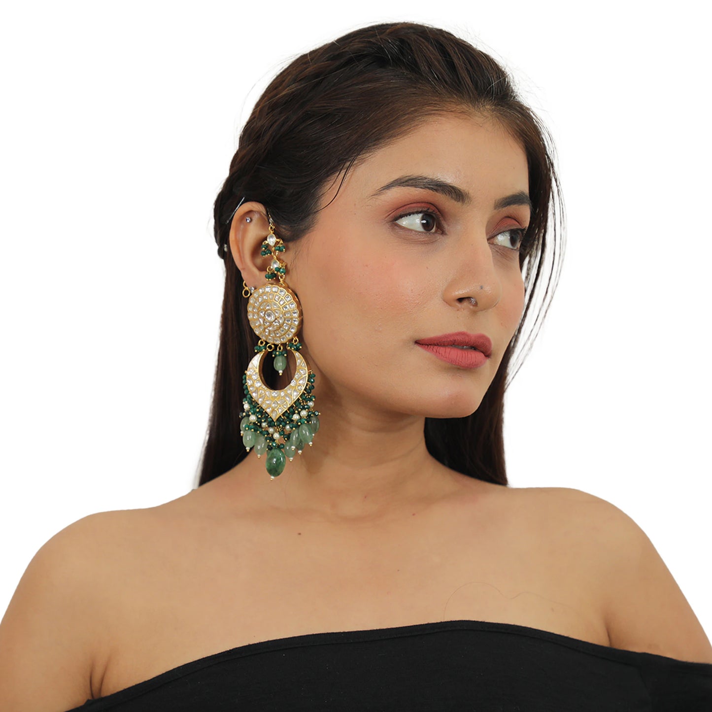 Bridal Double Layered Necklace In 22Kt Gold Plating, Studded With White Jadtar Stones And Beaded In Emerald And Sea Green Pearls