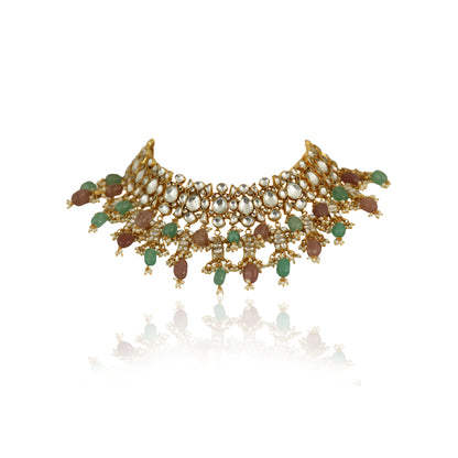 Pastel Pink And Sea Green  Beads  Necklace  Set In 22Kt Gold Plating, With Jhumki Earings