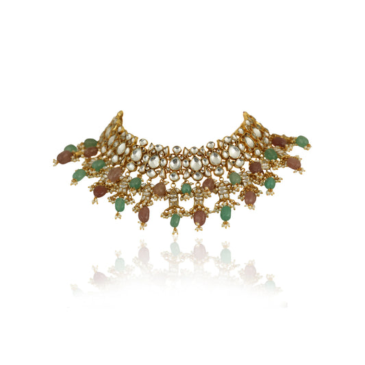 Pastel Pink And Sea Green  Beads  Necklace  Set In 22Kt Gold Plating, With Jhumki Earings