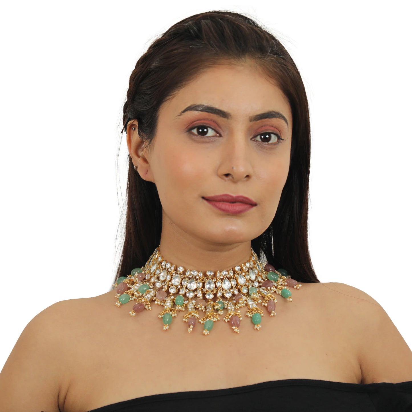 Pastel Pink And Sea Green  Beads  Necklace  Set In 22Kt Gold Plating, With Jhumki Earings