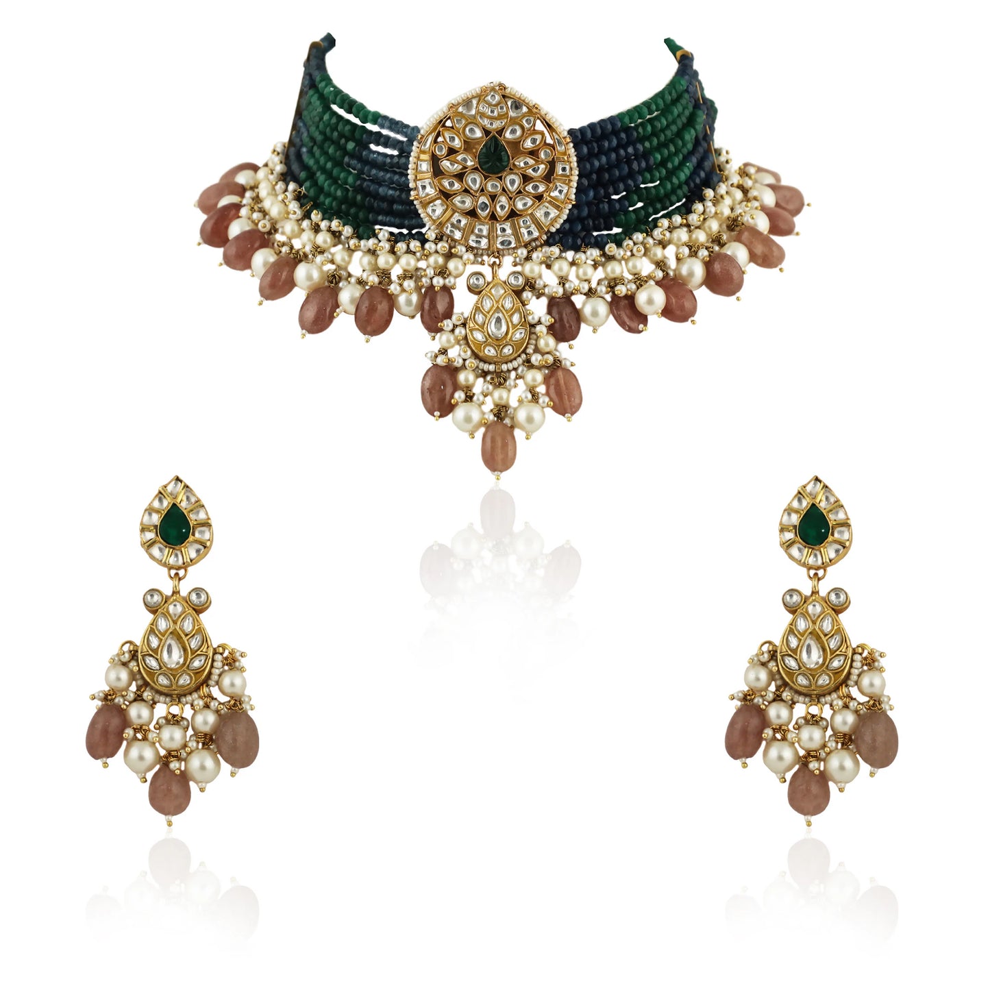 22Kt Gold Plated Choker Necklace Set With Blue And Green Belt, Beaded With Pastel Pink Beads