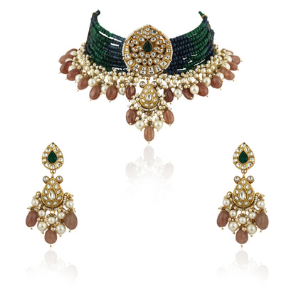 22Kt Gold Plated Choker Necklace Set With Blue And Green Belt, Beaded With Pastel Pink Beads