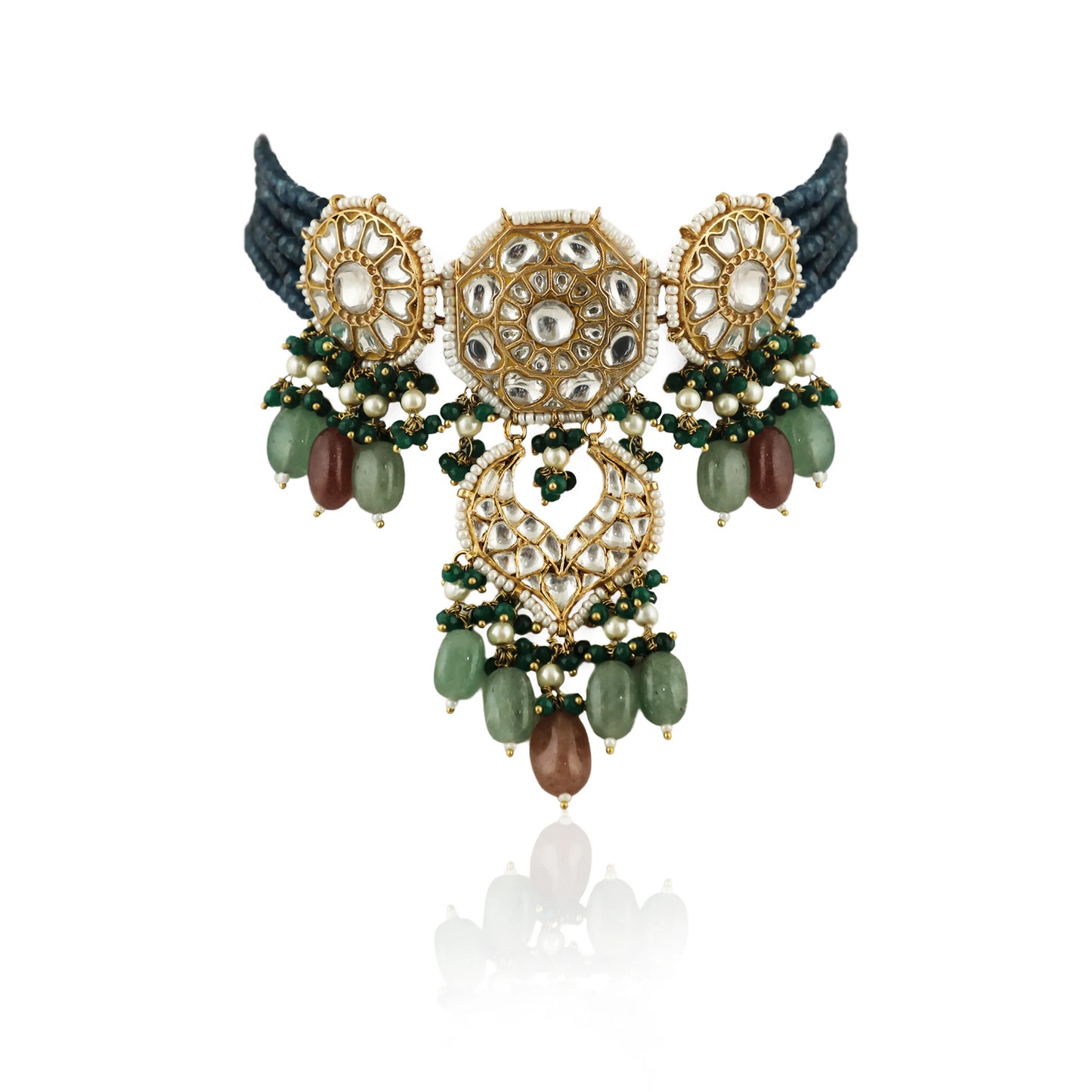 22Kt Gold Plated Choker Necklace Studded With Jadtar Stones In Blue