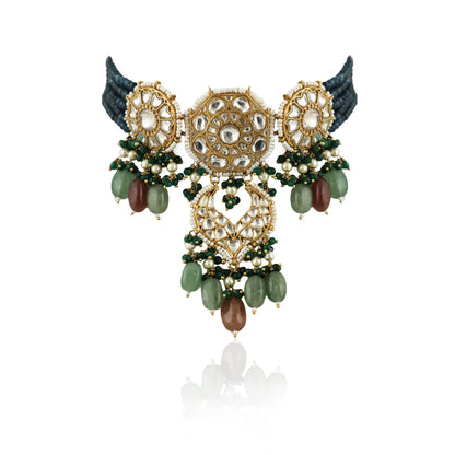 22Kt Gold Plated Choker Necklace Studded With Jadtar Stones In Blue