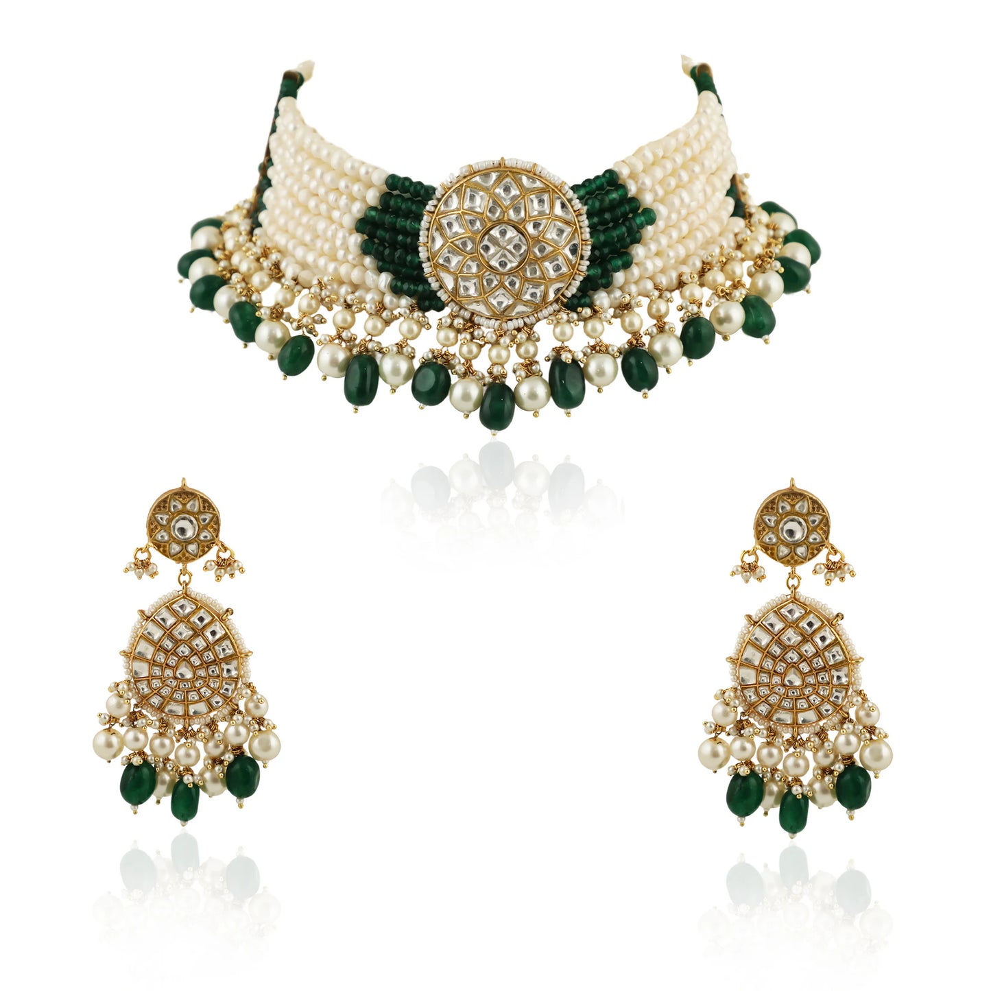 White Choker Set With Small Dark Green And Pearl Line Beadded Green Beads And Pearl