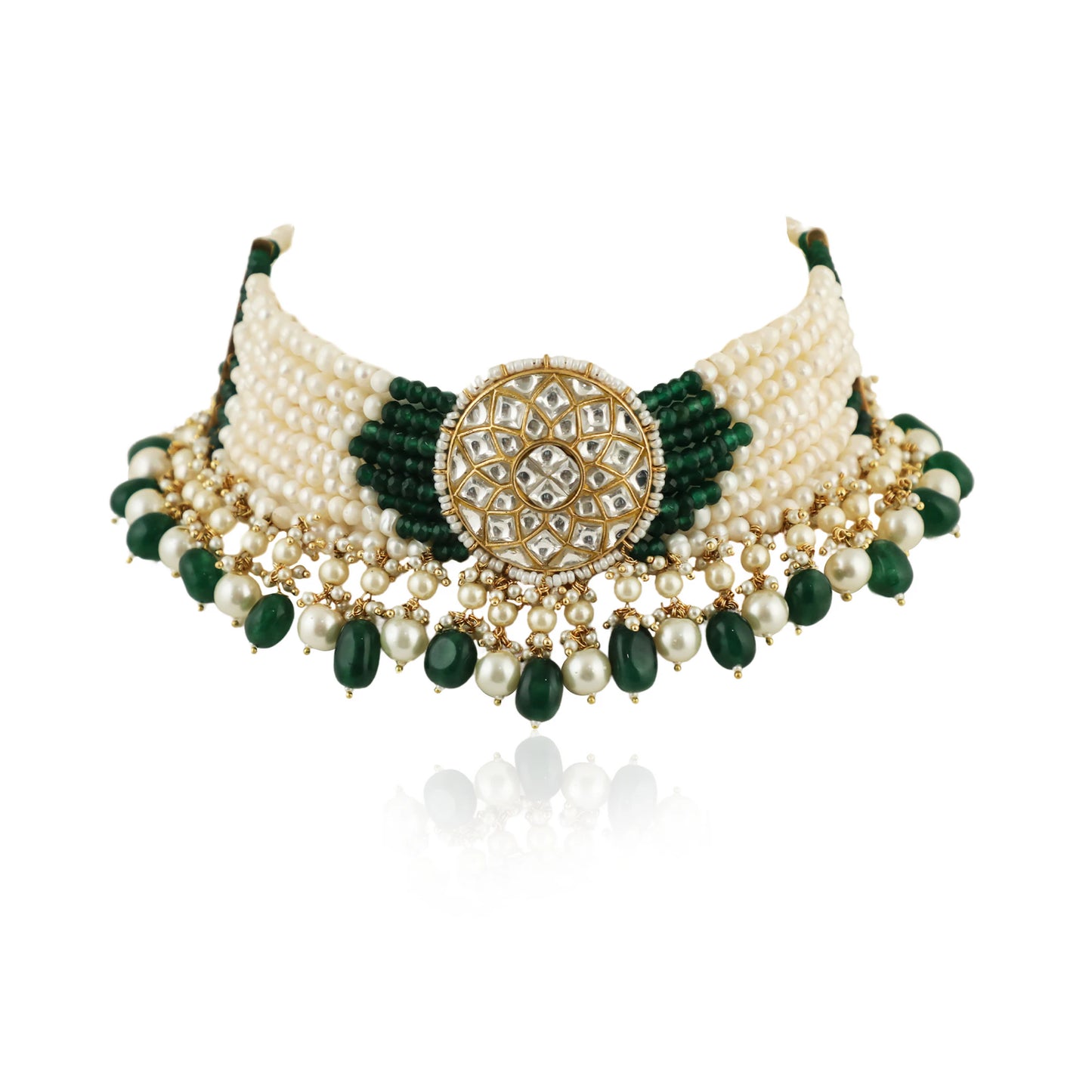 White Choker Set With Small Dark Green And Pearl Line Beadded Green Beads And Pearl