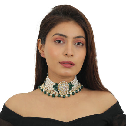 White Choker Set With Small Dark Green And Pearl Line Beadded Green Beads And Pearl