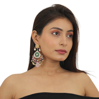 White And Green  Stone Earrings With  Pink Beads