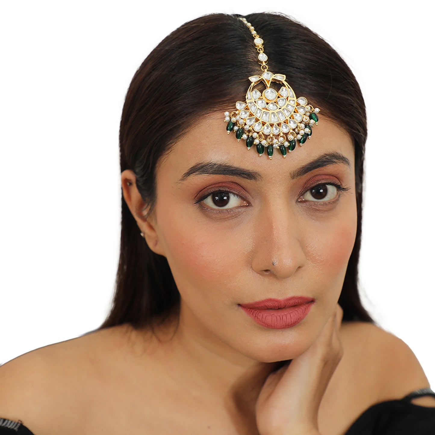 Jadtar Maangtikka With Emerald Green Small Beads